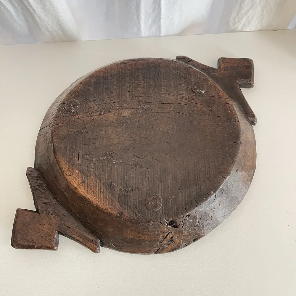 Vtg Wood Dough Bowl Rustic Hand Carved Primitive Wooden Handled Trough Knead 17